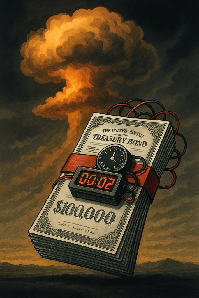 Dramatic illustration of U.S. Treasury bills stacked like dynamite with a lit fuse against a stormy sky, symbolizing the hidden risks of the treasury basis trade.