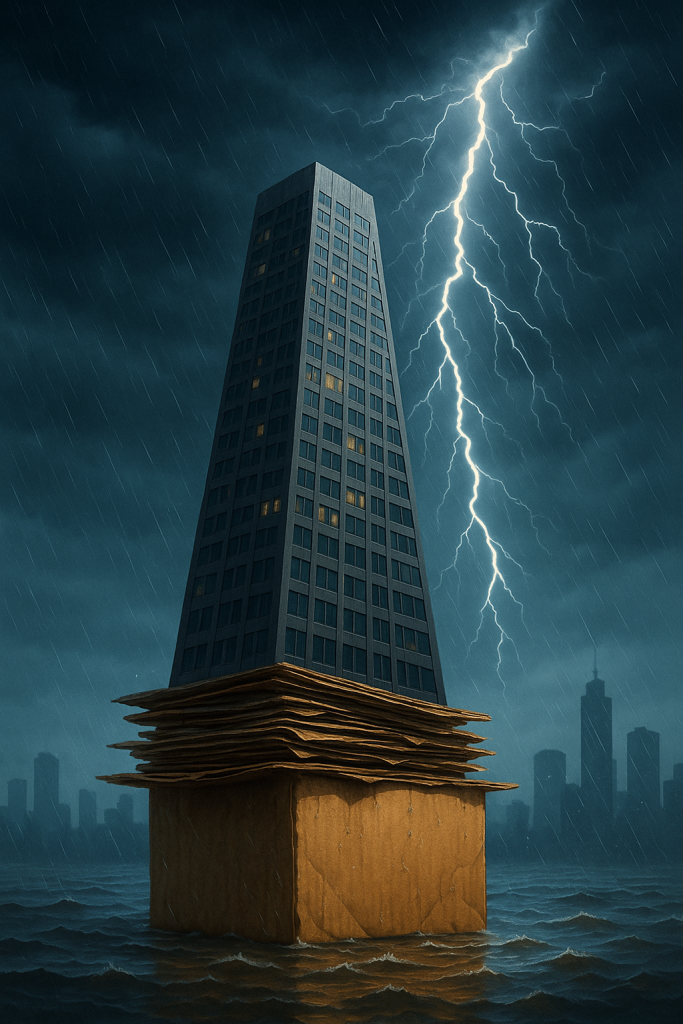 A modern skyscraper leaning precariously on a stack of soaked cardboard boxes during a rain storm, symbolizing a massive structure supported by a fragile, unstable foundation.