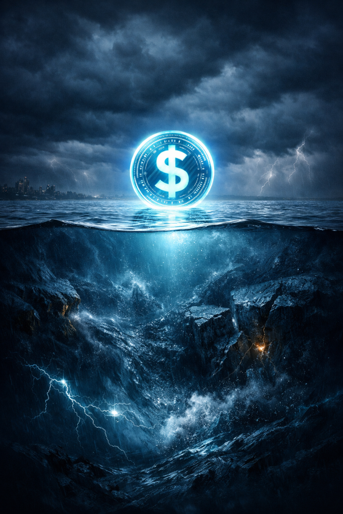A glowing digital dollar symbol floating calmly above dark, stormy water, representing hidden financial risk beneath stable-looking markets.