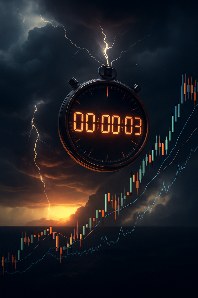 A stormy financial chart with a glowing countdown clock overlay, symbolizing the explosive, time-sensitive risks of 0DTE options and sudden intraday market volatility.