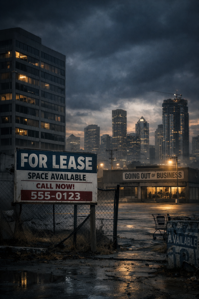 Dark city skyline with vacant office buildings representing commercial real estate decline and invisible leverage risks
