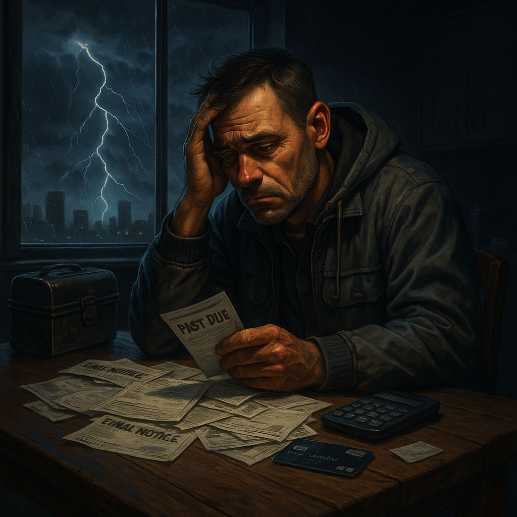 Blue-collar worker reviewing bills and credit card debt as a storm rages outside, representing hidden financial pressure and private equity debt