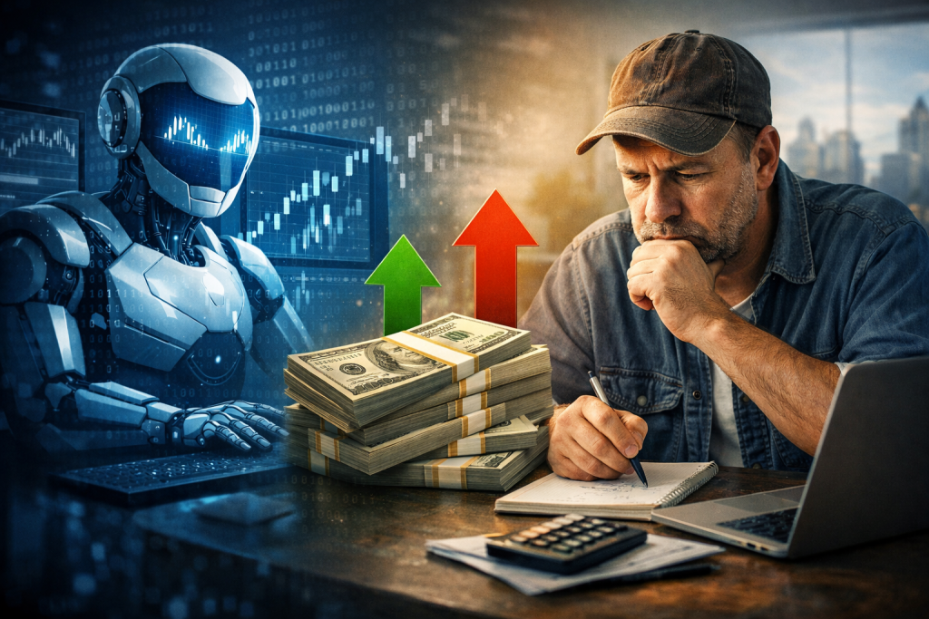 Illustration showing a worker reviewing financial charts while abstract AI and market data symbols represent automated trading and financial risk.