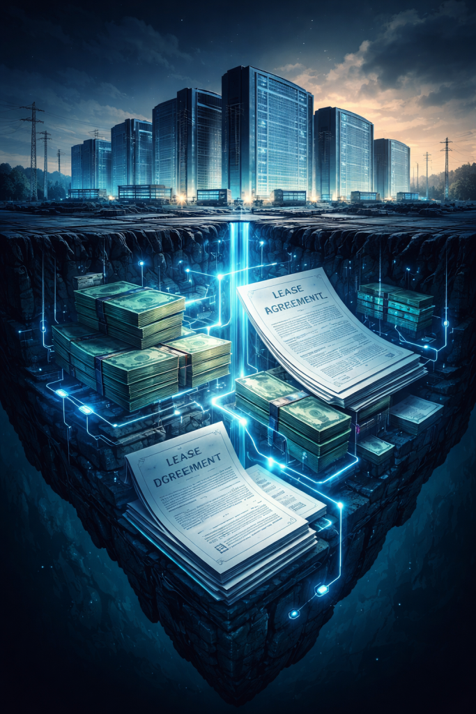 Illustration of AI data centers above ground with hidden financial obligations below the surface, showing stacks of money and lease agreements connected by glowing networks to represent off-balance-sheet financing and invisible leverage.