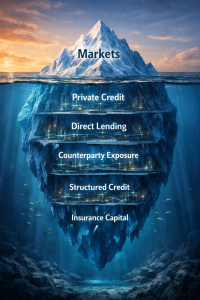 Iceberg illustration showing hidden financial risk beneath the surface representing invisible leverage in the private credit market, including direct lending, counterparty exposure, structured credit, and insurance capital.