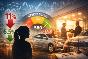Car dealership scene illustrating credit scores, interest rate reduction from 11% to 6.5% with a co-signer, and financial concepts like risk, lending, and arbitration agreements.