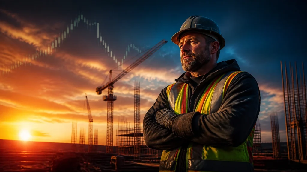Construction worker standing confidently at a job site at sunset with a stock market chart overlay in the background, representing the connection between blue-collar work, economic insight, and market awareness.