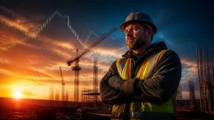 Construction worker standing confidently at a job site at sunset with a stock market chart overlay in the background, representing the connection between blue-collar work, economic insight, and market awareness.