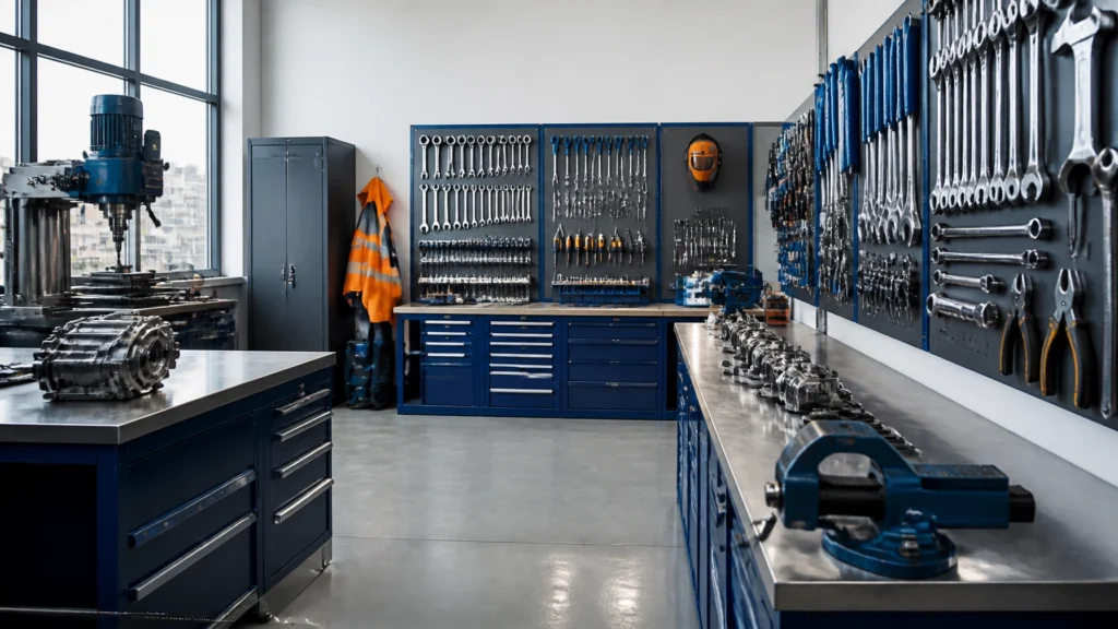 Organized workshop with neatly arranged tools demonstrating the importance of systems, organization, and leadership in a small business.