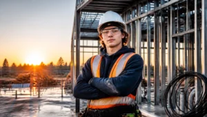 Young construction worker standing at a commercial building site, representing career opportunities and workforce shortages in the skilled trades.
