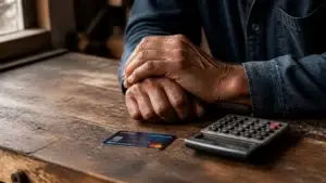 rugged hands of a worker resting on a wooden workbench next to a calculator and a credit card, representing financial planning and discipline.