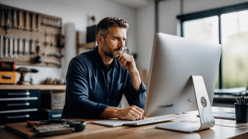 Trades professional analyzing stock market data on a desktop computer while using a Buffett-style investing approach to evaluate market opportunities.