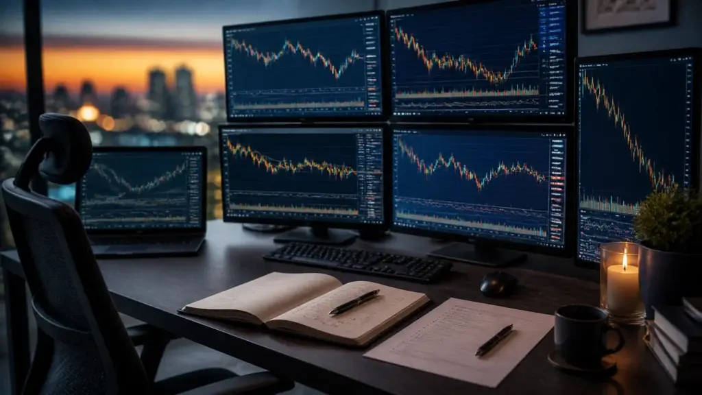 A clean trading desk with multiple monitors displaying stock charts, an open trading journal, and a printed trading plan in a calm workspace.