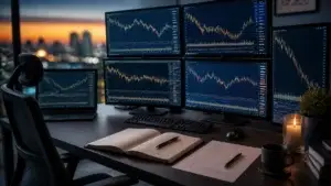 A clean trading desk with multiple monitors displaying stock charts, an open trading journal, and a printed trading plan in a calm workspace.