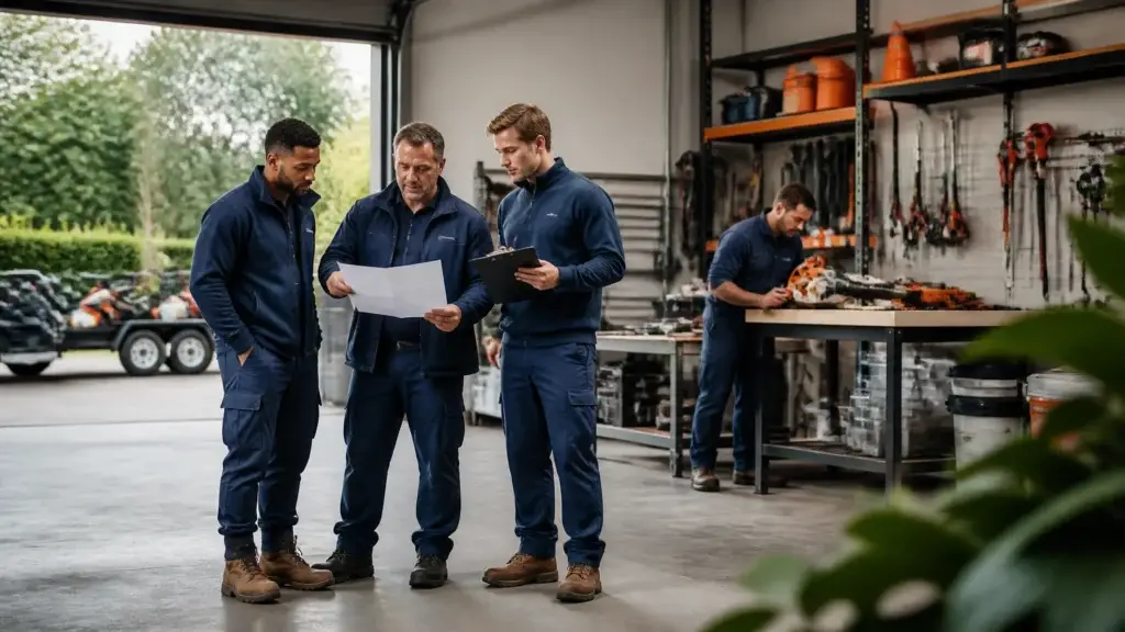 Small-business owner coaching employees about responsibilities and work processes.