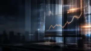 Trading monitor displaying a market chart, representing options activity and underlying price movement.