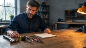 A tradesperson reviewing a plan at a workshop bench, representing preparation and disciplined execution.